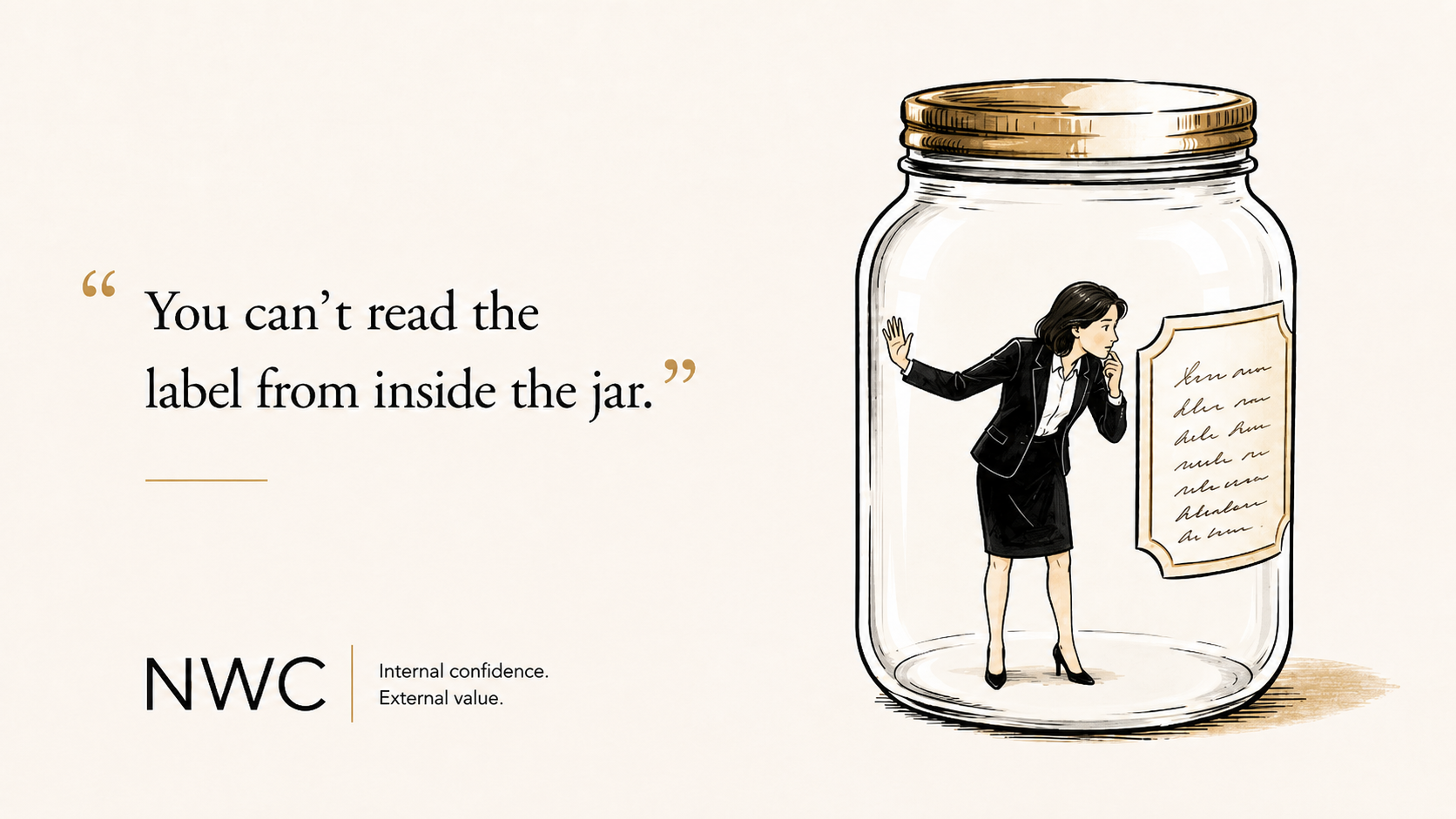 Corporate executive inside a jar peering at label